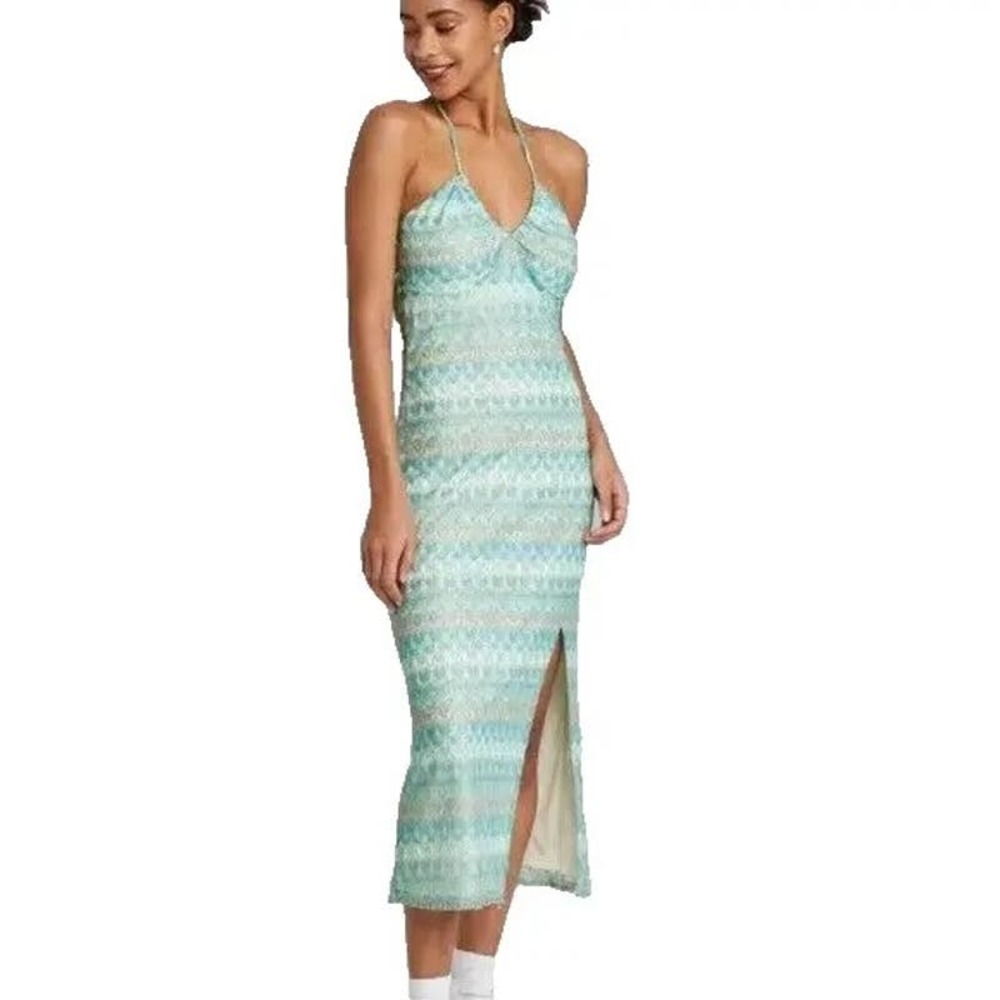 NWT- Sz L Gorgeous Aqua & Silver Knitted Low back Sleeveless Ruched Dress